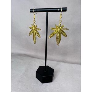 Handmade Gold Large Pot Leaf Dangly Earrings